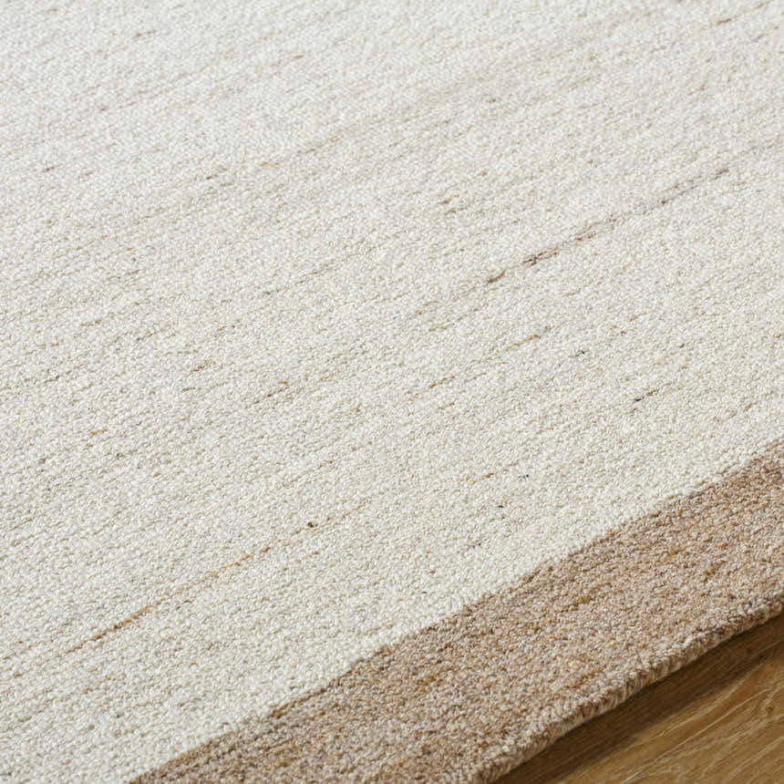 Close-up of the hand-tufted Amabel Area Rug. Beige, ivory, and tan wool fibers show texture and detail. Texture