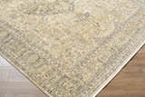 Close-up of the hand-crafted Becki Beige Owens x Livabliss Renaissance Area Rug showing beige, tan, and brown traditional pattern. Corner