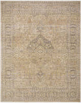 Detailed view of the Lijuo Tan Medallion Wool Area Rug. Farmhouse style rug with light blue, sage, and tan colors. Hand crafted wool rug. Design-Rectangle-710910