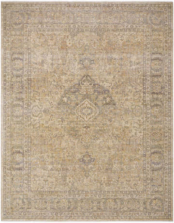 Detailed view of the Lijuo Tan Medallion Wool Area Rug. Farmhouse style rug with light blue, sage, and tan colors. Hand crafted wool rug. Design-Rectangle-710910