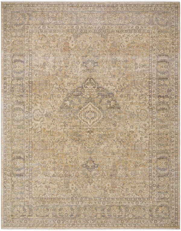 Detailed view of the Lijuo Tan Medallion Wool Area Rug. Farmhouse style rug with light blue, sage, and tan colors. Hand crafted wool rug. Design-Rectangle-710910