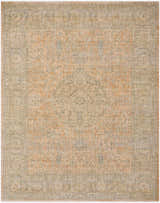 Close-up of the hand-crafted Riley Orange Area Rug. Farmhouse style with traditional floral and geometric patterns in orange, green, and sage. Design-Rectangle-710910