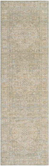 Close-up of the Becki Owens x Livabliss Renaissance BORI-2302 rug. Beige, denim, coral, and tan traditional wool rug. Design-Runner