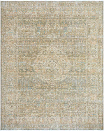 Close-up of the hand-crafted Riley Light Blue Area Rug. Traditional farmhouse style with light blue, sage, and tan colors. Design-Rectangle-710910