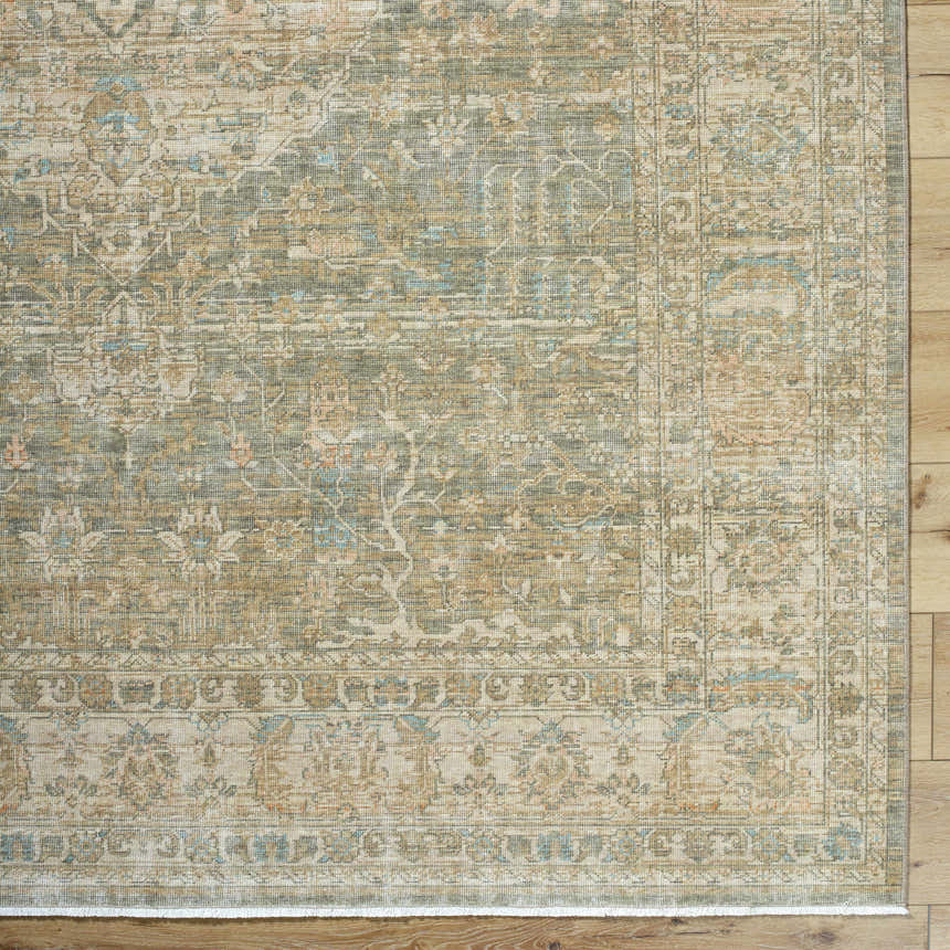 Close up of the Becki Owens Renaissance BORI-2302 rug. Beige, denim, coral, and tan farmhouse style floral pattern. Corner