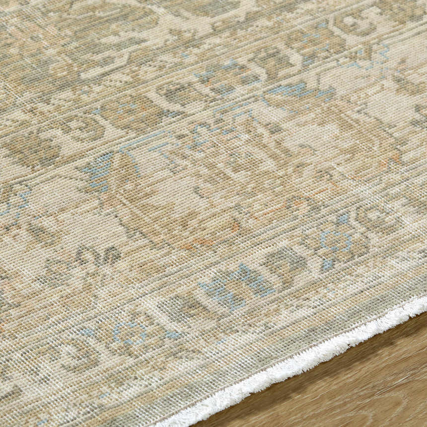 Close up of Becki Owens x Livabliss Renaissance BORI-2302 rug. Beige, denim, coral, and tan traditional wool rug. Texture
