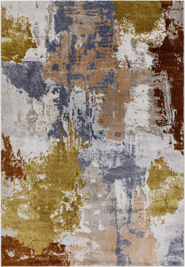 Close-up of the Rivers Area Rug showing a contemporary abstract design in brick red, dark blue, mustard, and gray. Design-Rectangle-5377