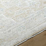 Close up of Rhody Luxe Rug in light silver and sterling gray, showing traditional pattern and soft texture. Texture