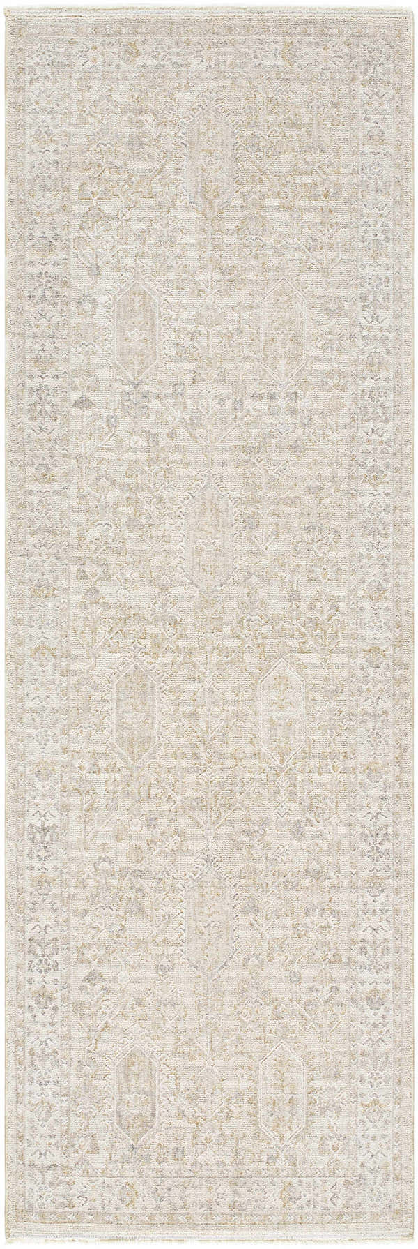 Detailed Rafee Tan Luxe Area Rug. Cream, ivory, tan and gray farmhouse rug with traditional geometric patterns. Design-Runner-27710