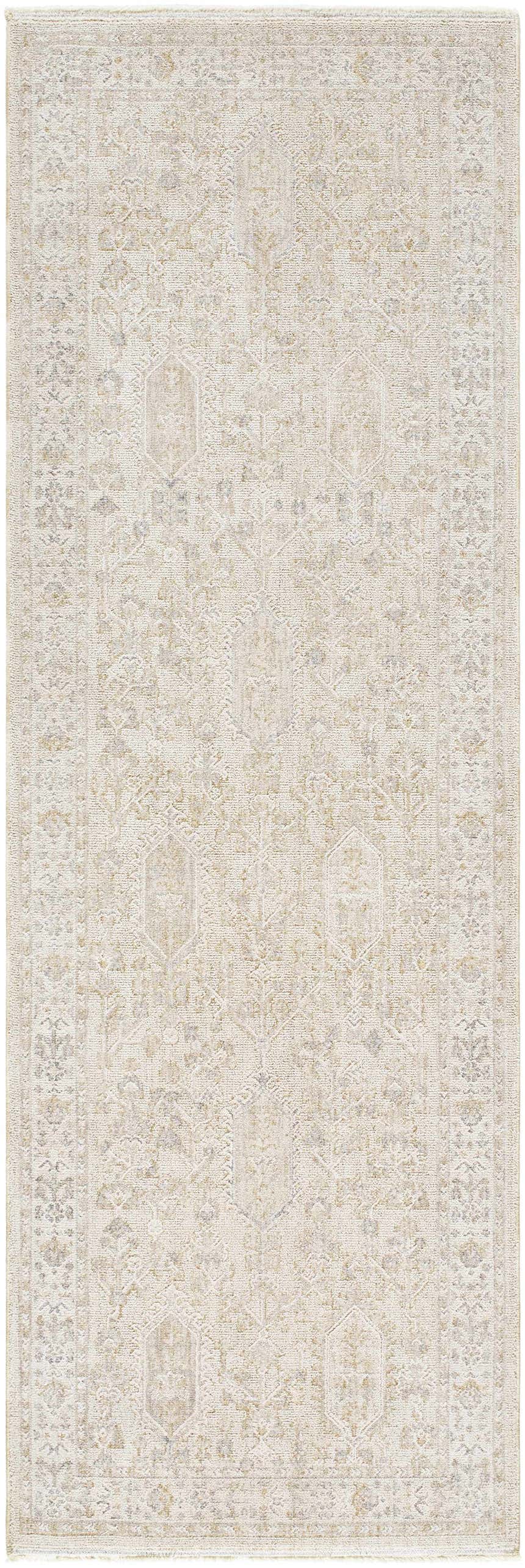 Detailed Rafee Tan Luxe Area Rug. Cream, ivory, tan and gray farmhouse rug with traditional geometric patterns. Design-Runner-27710