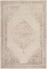 Close-up of the beige Luciana III Traditional Medallion Area Rug featuring a dark brown ornamental border and central medallion. Design-Rectangle-576