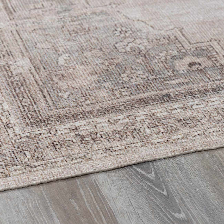 Close-up of the beige and dark brown Luciana III Traditional Medallion Area Rug showing the hand-tufted texture. Pile