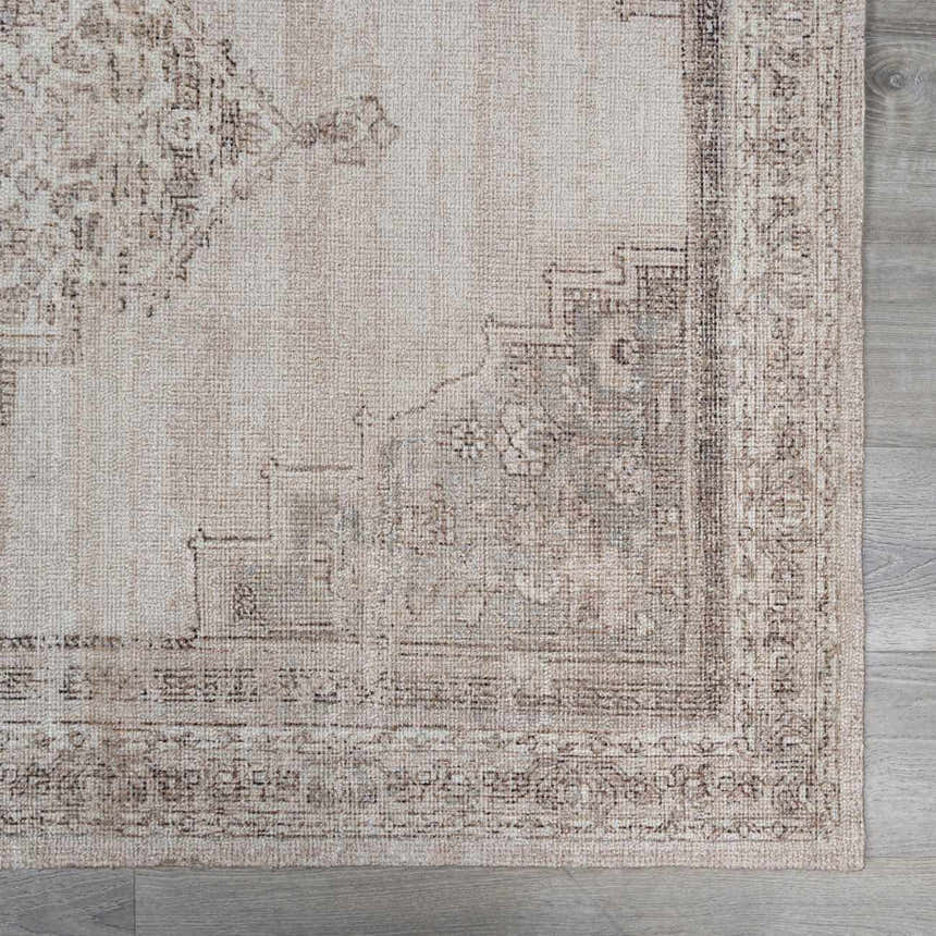 Close up of the beige and dark brown Luciana III Traditional Medallion Area Rug showing pattern and texture. Swatch
