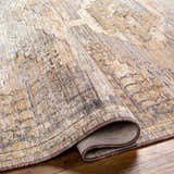 Close-up of Livabliss Aida AAD-2303 rug showing beige, gray, and ivory traditional pattern and machine woven texture. Fold