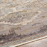 Close-up of the Livabliss Aida AAD-2303 rug. Beige, gray, and ivory tones with a traditional, distressed pattern and fringe detail. Texture