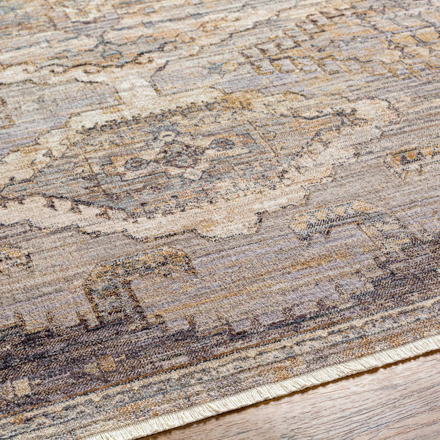 Close-up of the Livabliss Aida AAD-2303 rug. Beige, gray, and ivory tones with a traditional, distressed pattern and fringe detail. Texture