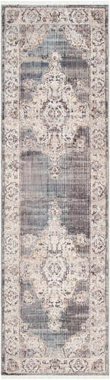 Close-up of the Crea Gray Zola Area Rug, a traditional runner with a charcoal, gray, and ivory floral pattern. Design-Runner-279