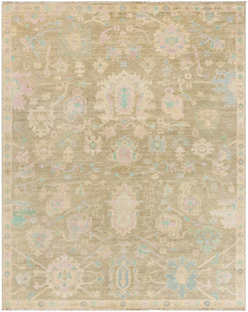 Detailed tan Amiri Area Rug showing a traditional, hand-knotted wool design with blue, pink and sage accents. Design-Rectangle-810