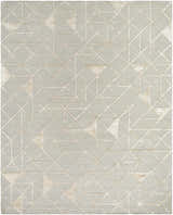Close-up of the Botiu Blue Geometric Area Rug, featuring a light gray base with pale blue and pearl geometric patterns. Design-Rectangle-810
