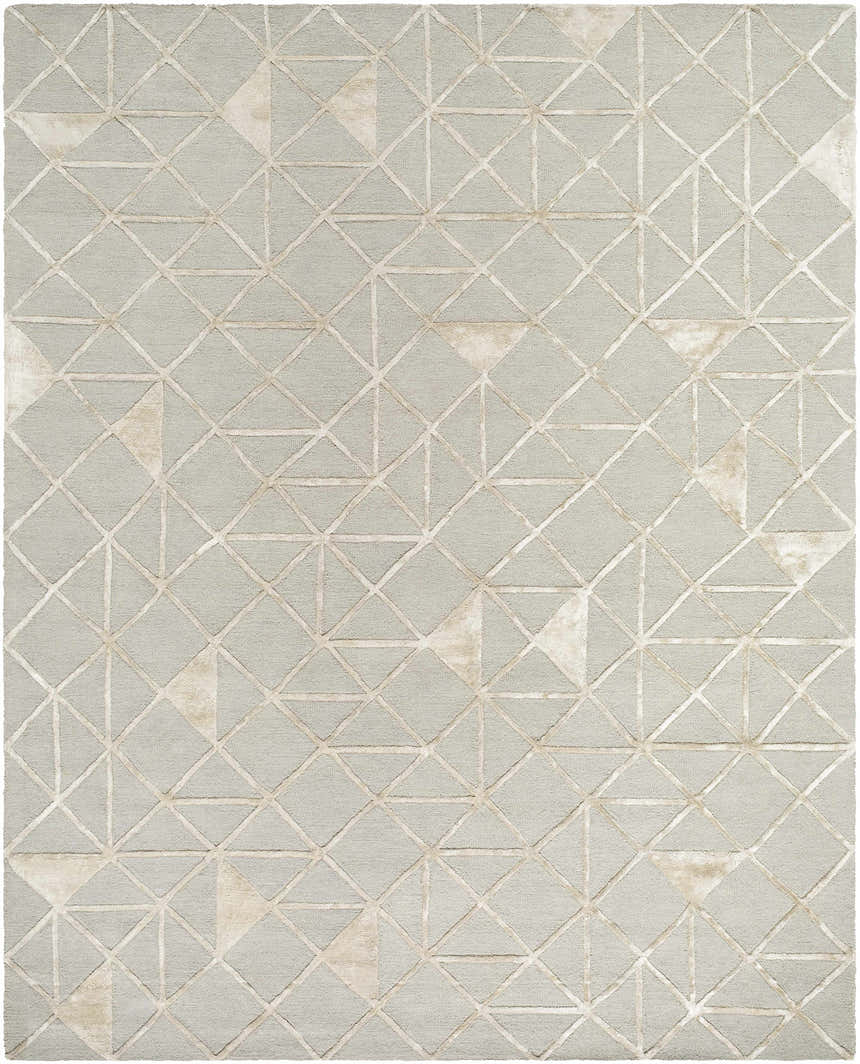 Close-up of the Botiu Blue Geometric Area Rug, featuring a light gray base with pale blue and pearl geometric patterns. Design-Rectangle-810