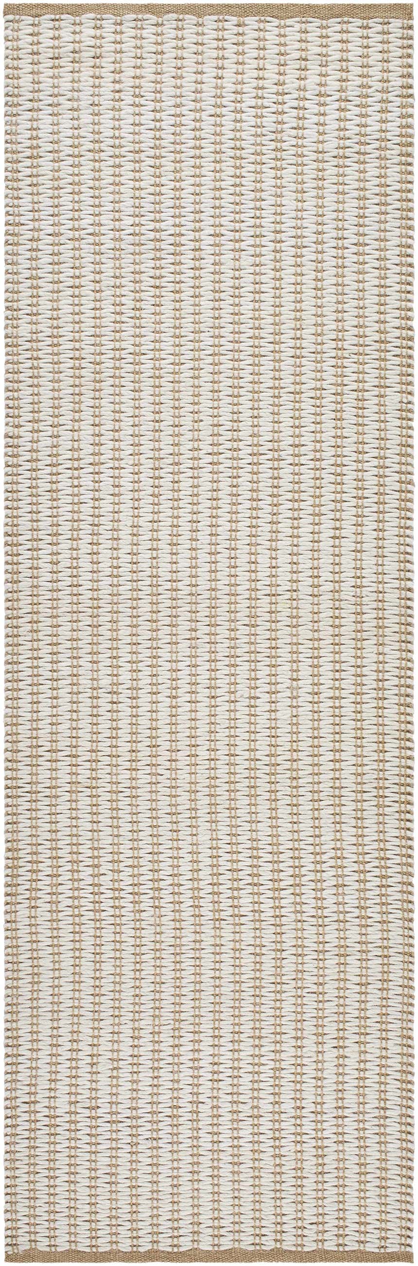 Close-up of the Ieuan Area Rug. Hand-woven wool rug in beige and bone with a textured, farmhouse design. Design-Runner-268