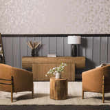 Living room scene with tan leather chairs and cream Salvo Luxury Hand Woven Wool Area Rug. Roomscene-Rectangle