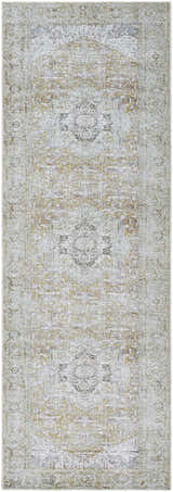 Close-up of Amato Mustard Washable Area Rug. Farmhouse style runner rug with traditional geometric pattern and mustard yellow accents. Design-Runner-2773