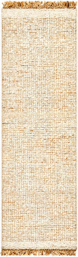 Cream Gopi Jute and Wool Rug close-up. Hand-woven rug with tan and cream textured pattern and tasseled fringe. Design-Runner-268