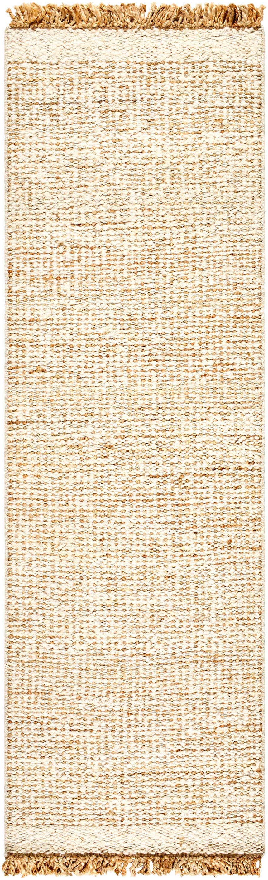 Cream Gopi Jute and Wool Rug close-up. Hand-woven rug with tan and cream textured pattern and tasseled fringe. Design-Runner-268