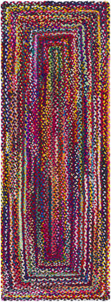 Close-up of the hand-loomed Henio Area Rug. This runner rug features a colorful braided design with chocolate brown accents. Design-Runner-268