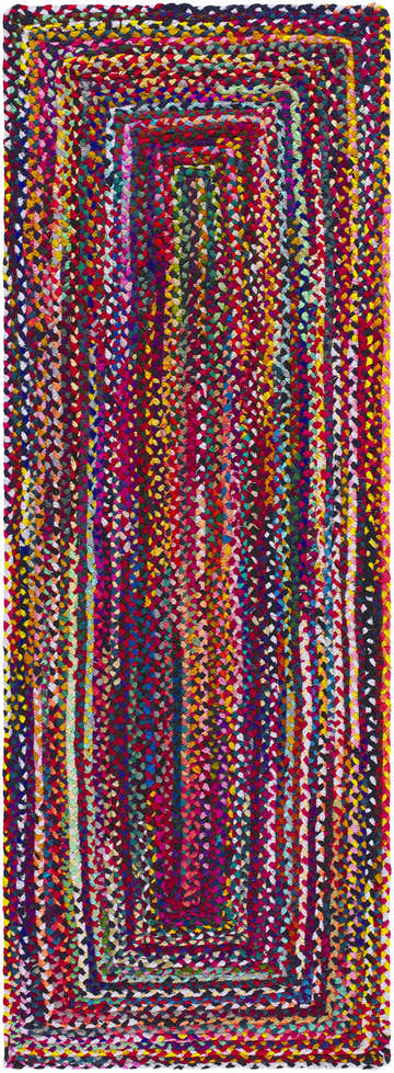 Close-up of the hand-loomed Henio Area Rug. This runner rug features a colorful braided design with chocolate brown accents. Design-Runner-268