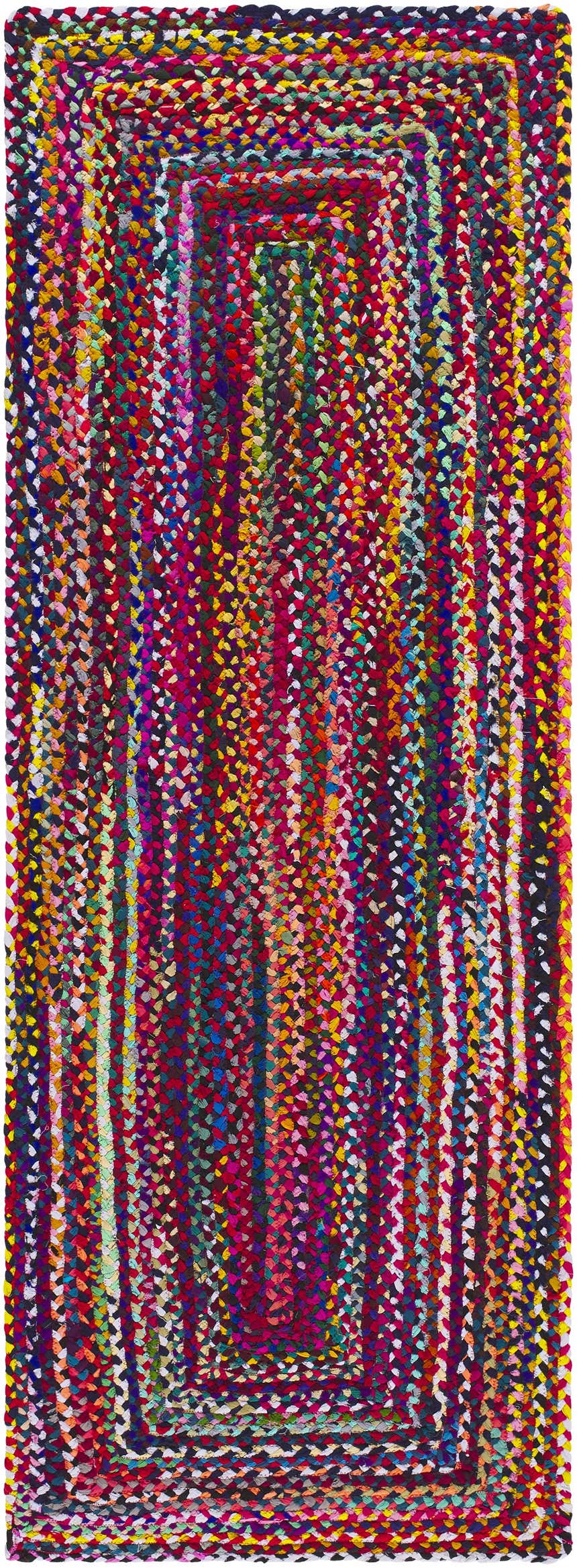 Close-up of the hand-loomed Henio Area Rug. This runner rug features a colorful braided design with chocolate brown accents. Design-Runner-268