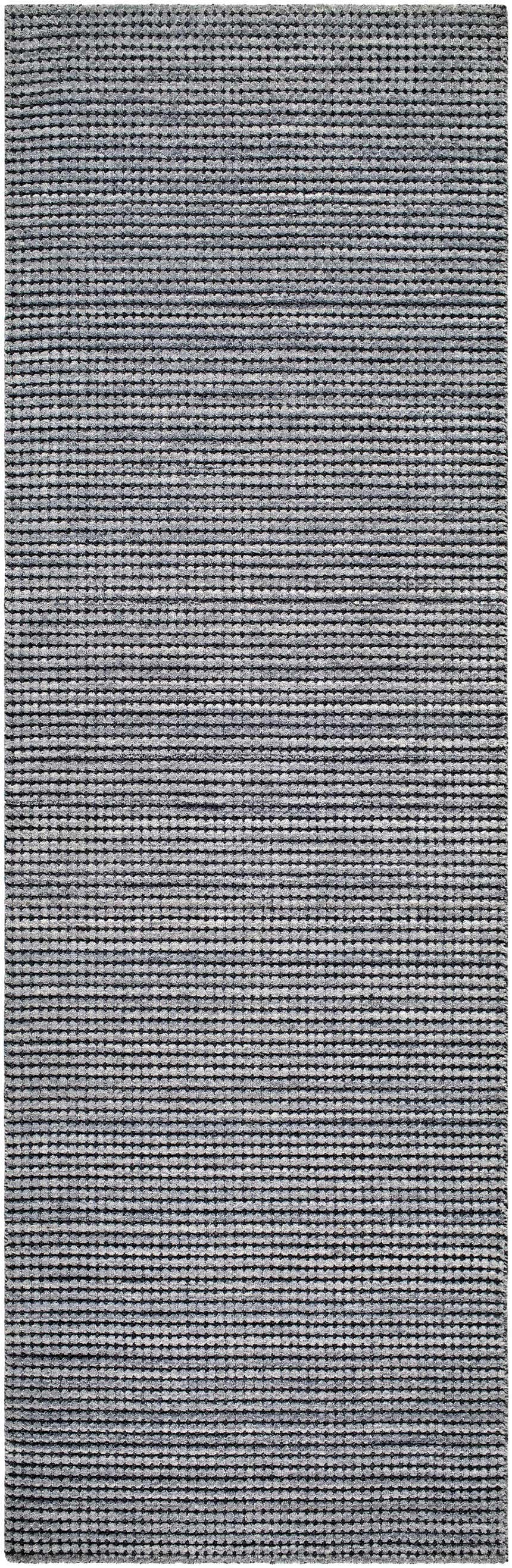 Close-up of the textured Laila Light Charcoal Area Rug. Hand-knotted wool rug with a contemporary horizontal stripe design. Design-Runner-268