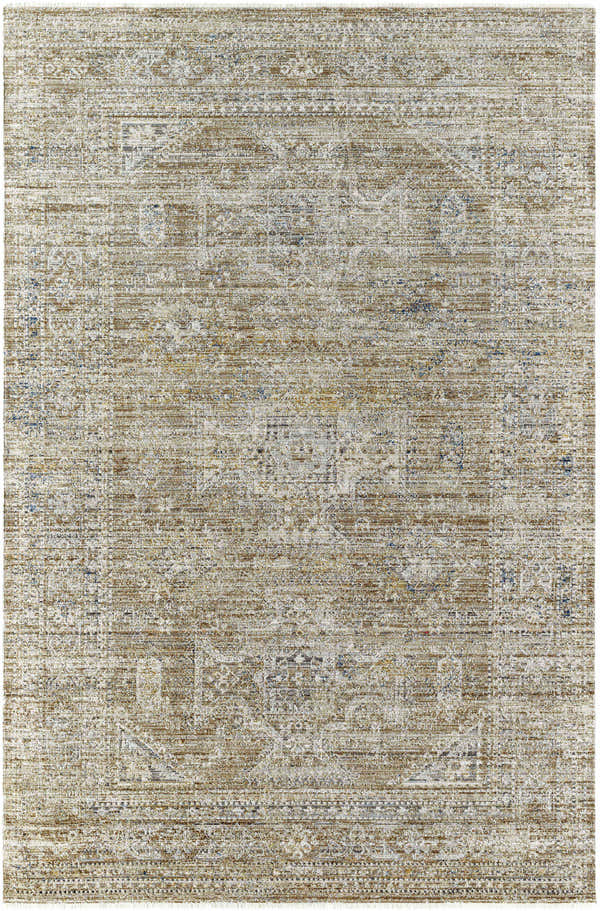 Close-up of Margaret Outdoor Becki Owens x LIVABLISS rug. Traditional style with charcoal, brown, gray, and taupe tones. Design-Rectangle-5371