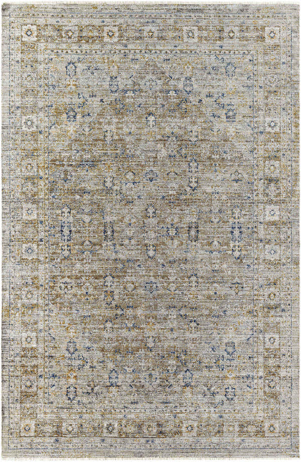 Close-up of Ren Outdoor BOMG-2305 rug. Machine woven polyester rug in charcoal, brown, gray, and taupe with traditional farmhouse design. Design-Rectangle-53710