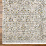 Close-up of Ren Outdoor BOMG-2306 rug. Machine woven polyester rug in black, blue, brown, and taupe on a wood floor. Corner