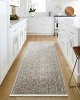 Farmhouse kitchen with white cabinets and Ren Becki Owens runner rug in black, blue, and brown. Roomscene-Runner