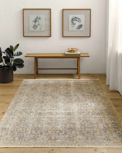 Sample Margaret Damask Beige & Blue Washable Area Rug - Livabliss x Becki Owens