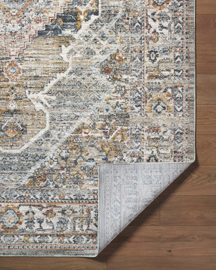 Close-up of the Jyler Traditional Area Rug showing its beige, beachhouse colors and farmhouse-style pattern. Fold