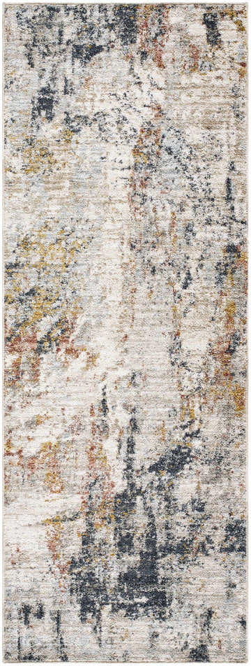 Close-up of the Kirsi Area Rug, a beige and bone contemporary rug with black, gold, and rust colored abstract pattern. Design-Runner-2773