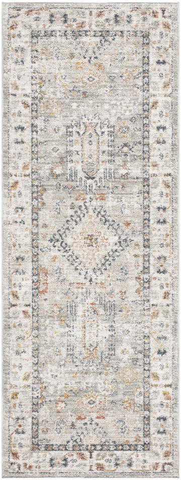 Close-up of Kylia Area Rug. Farmhouse style rug in beachhouse, beige, blue, and brown tones with a distressed pattern. Design-Runner-2773