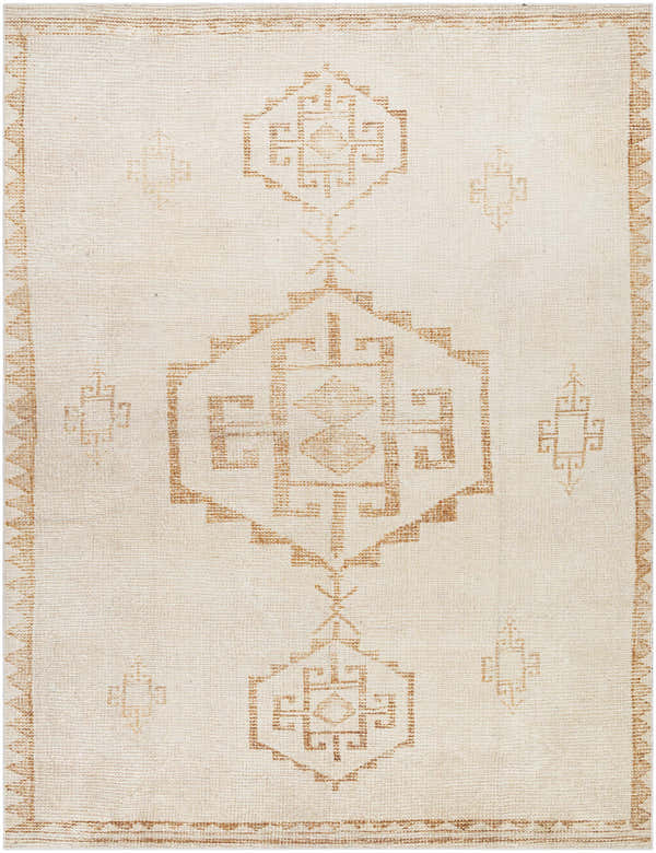 Close up of Solana Becki Owens x LIVABLISS rug. Burnt orange geometric pattern on ivory polyester. Farmhouse style. Design-Rectangle-71010