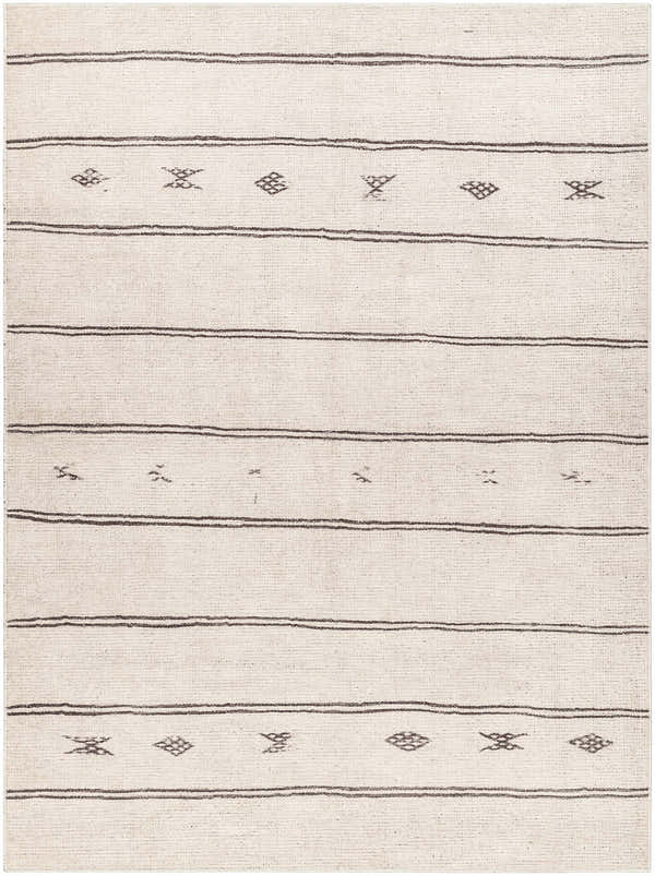 Close-up of Rivi Machine Woven Becki Owens x LIVABLISS BORC-2300 Area Rug. Ivory rug with black stripes and geometric designs. Design-Rectangle-537