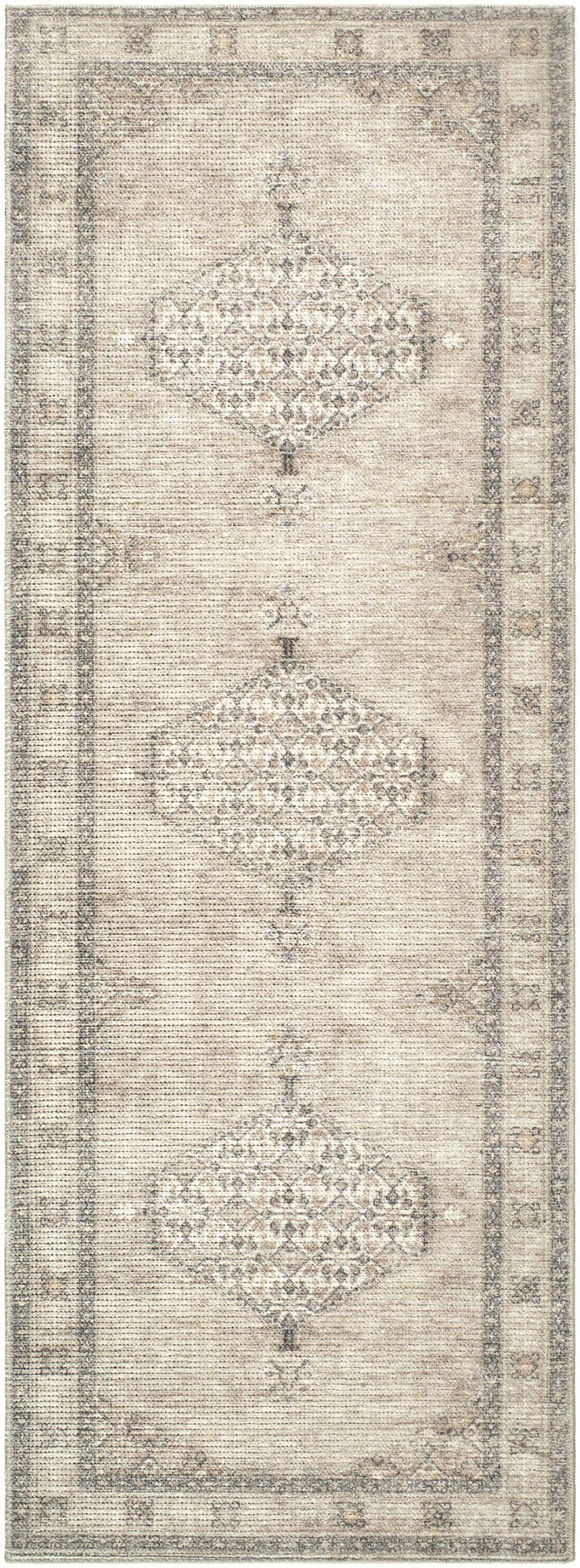 Close-up of Lila Becki Owens x LIVABLISS BOLC-2302 runner rug. Traditional diamond pattern in off-white, brown, and black. Design-Runner-273