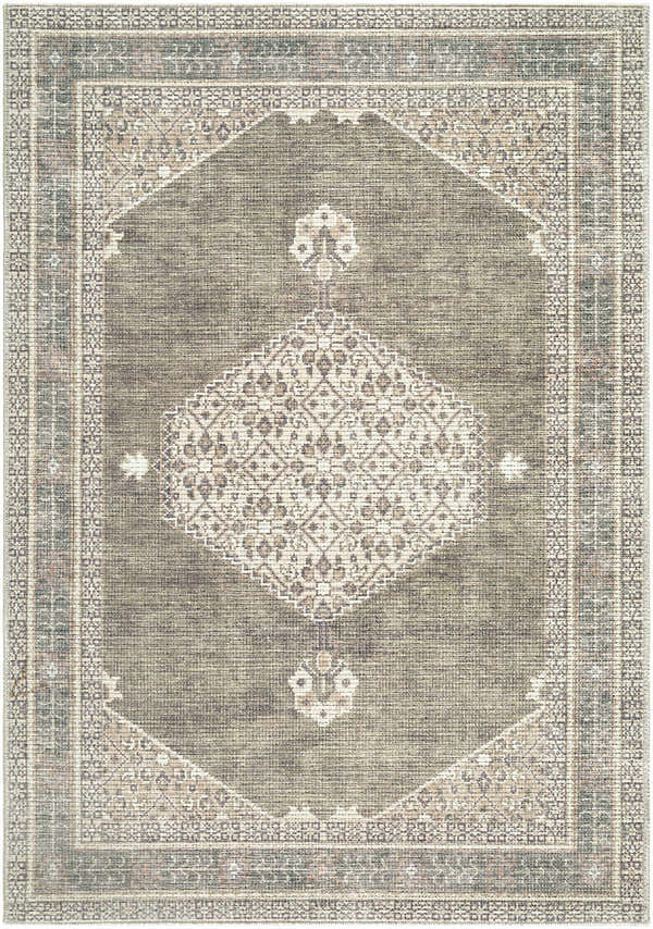 Close-up of Lila Machine Woven Becki Owens x LIVABLISS rug. Farmhouse style with olive, ivory, and dark red traditional pattern. Design-Rectangle-31157