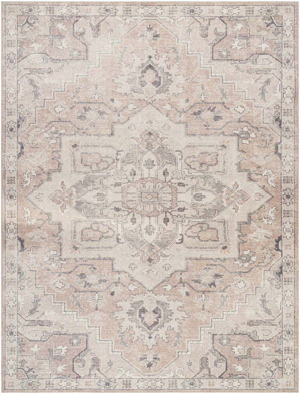Close-up of the Elle Machine Woven Becki Owens x LIVABLISS BOEC-2300 Area Rug. Beige, charcoal, gray, and tan farmhouse design. Design-Rectangle