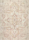 Close-up of the Esau Area Rug. Farmhouse style rug in beige, blush, ivory, sandstone, and taupe with a traditional, symmetrical pattern. Design-Rectangle-679