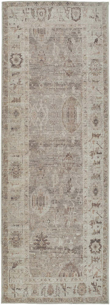 Close-up of the Marlene Becki Owens x LIVABLISS rug. Farmhouse style with camel, brown, and ivory traditional patterns. Design-Runner-2773