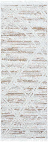 Close-up of the Ausca Area Rug. Ivory rug with a medium brown geometric pattern and fringe. Farmhouse style. Design-Runner-2773