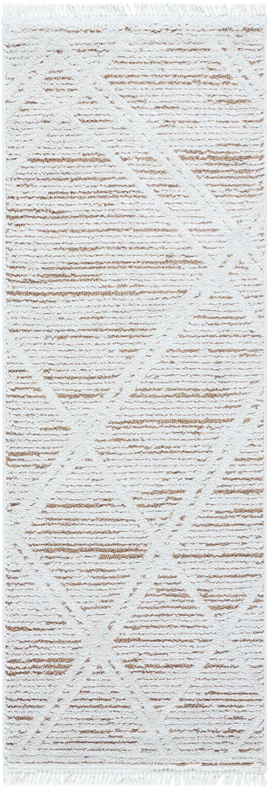 Close-up of the Ausca Area Rug. Ivory rug with a medium brown geometric pattern and fringe. Farmhouse style. Design-Runner-2773